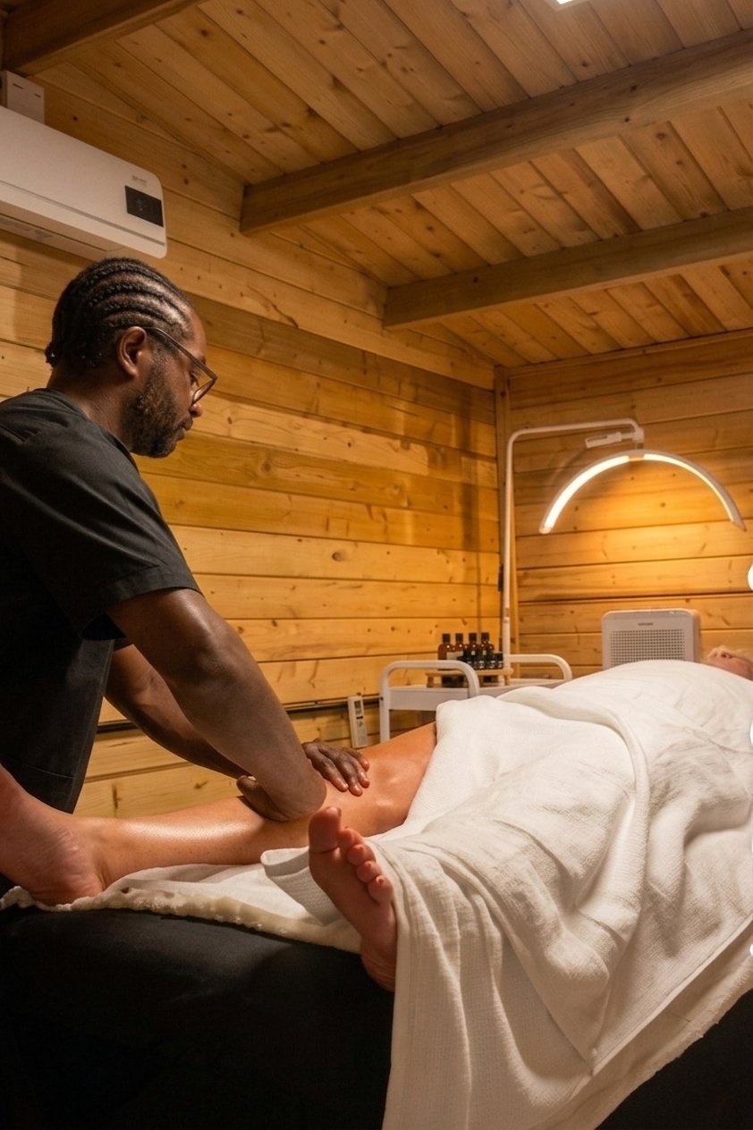 C.J providing a hands-on massage treatment in a warm private therapy space.